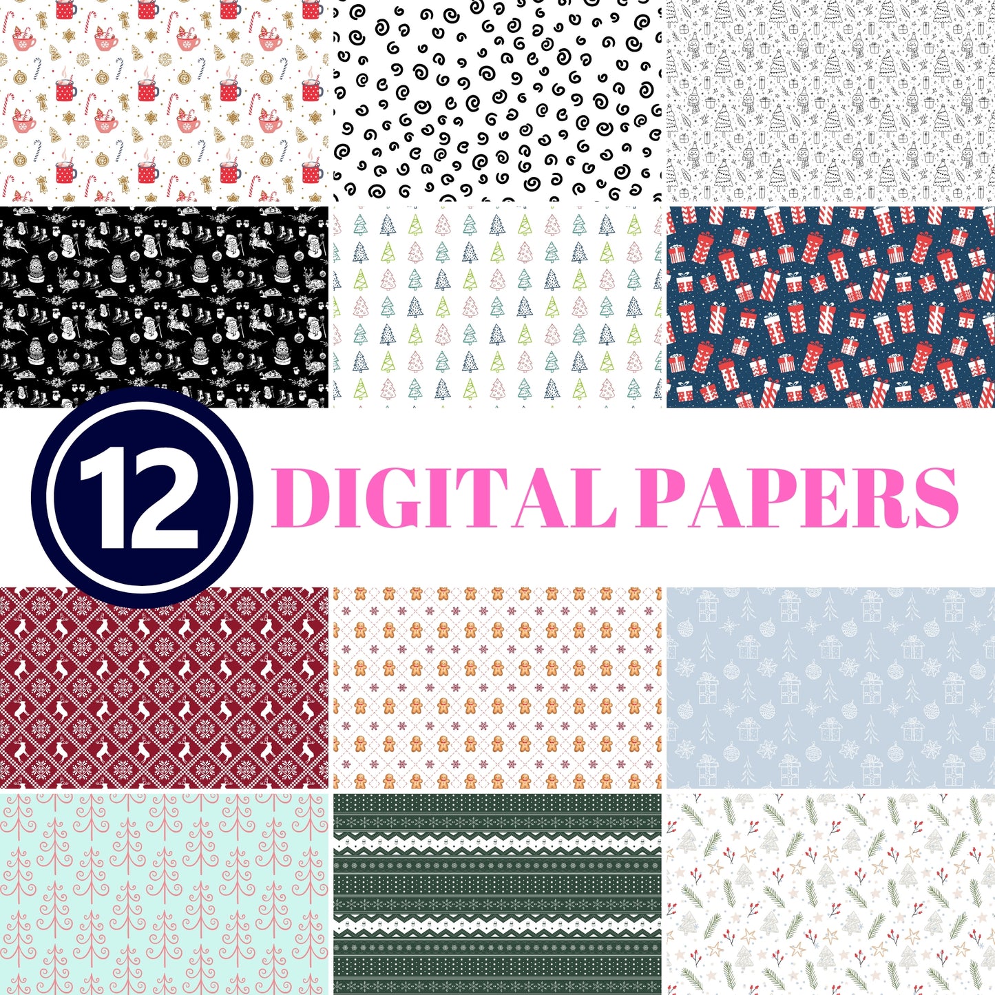 12 Digital Christmas Style 1 Scrapbook Paper Patterns