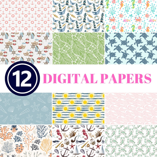12 Digital Nautical Scrapbook Paper Patterns