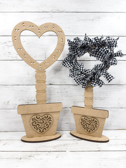 Pair Rag Tie Open Heart topiaries in pots DIY Kit