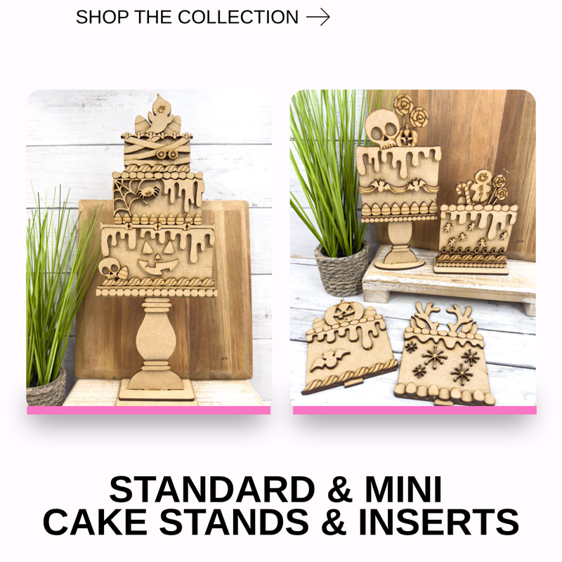 A product collage showing wooden cake stand and insert pieces. The left panel shows a large layered cake stand with carved icing details, and the right panel shows smaller matching stands and inserts, including a skull on a pedestal and decorative icing patterns.